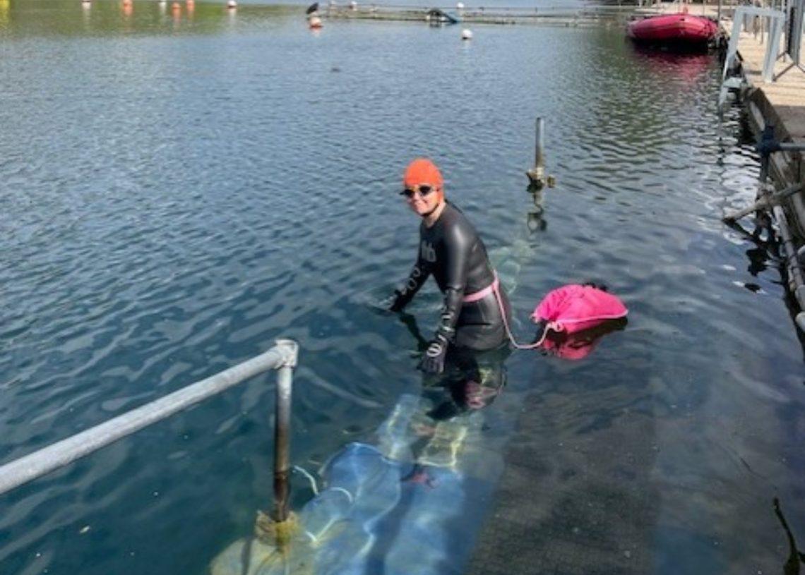 Debs training for the Wild Swim Relay at Vobster Quay